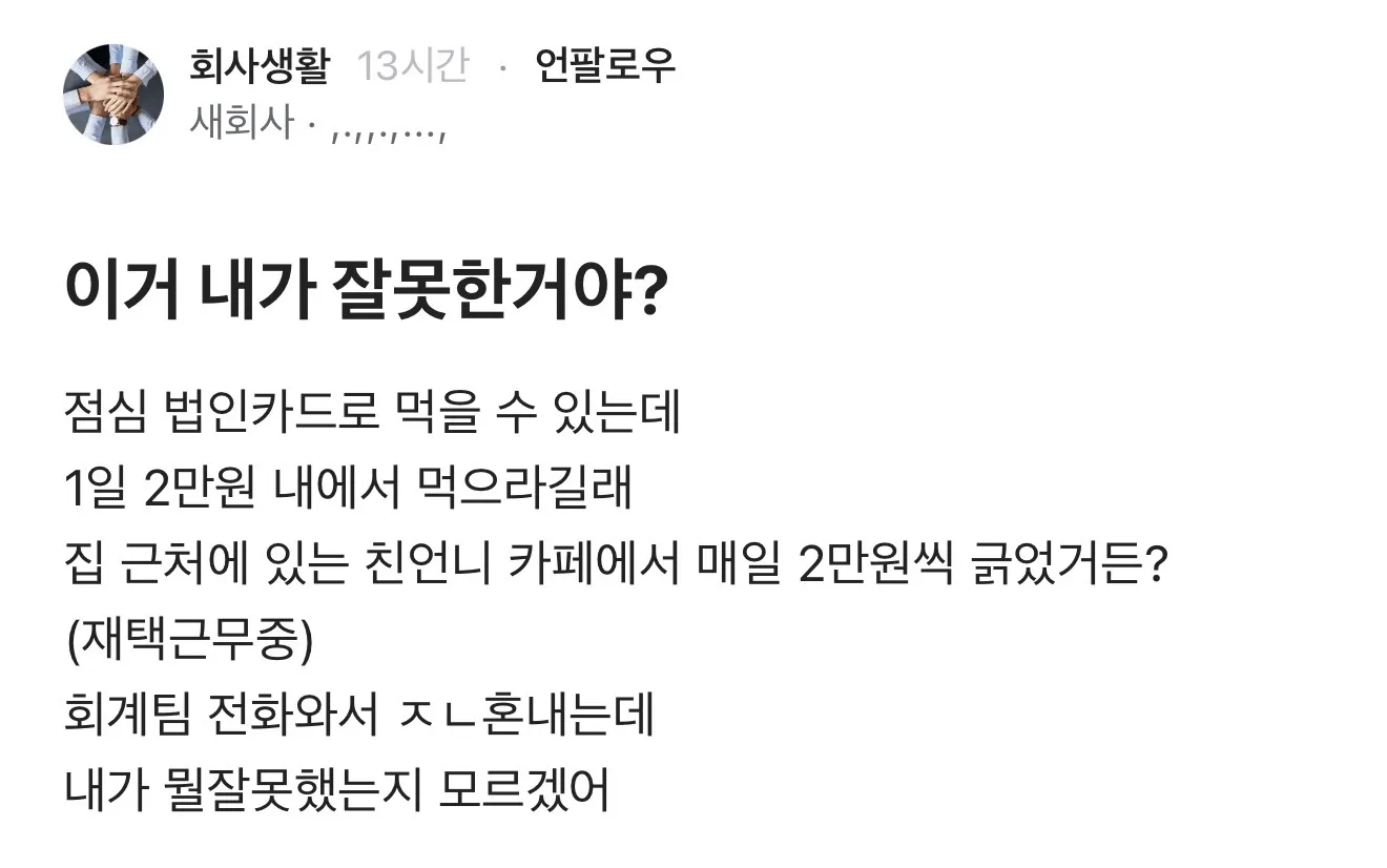 법인카드로 친언니 카페에서 매일 2만원씩 결제한 것이 잘못인지 묻는 온라인 커뮤니티 글