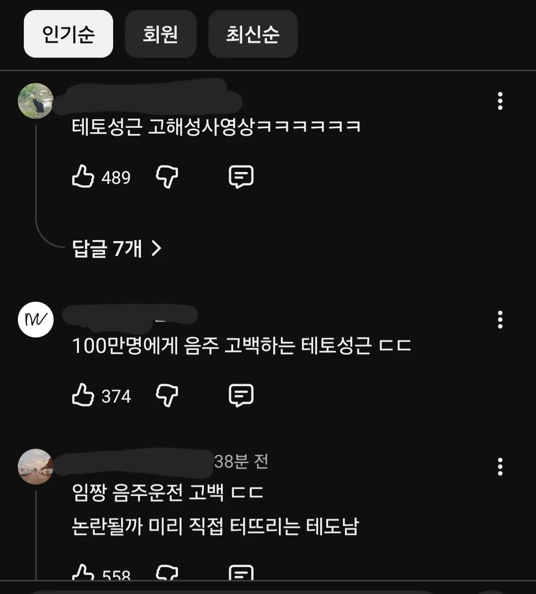 임성근 유튜브 영상의 음주 관련 농담 댓글 캡처