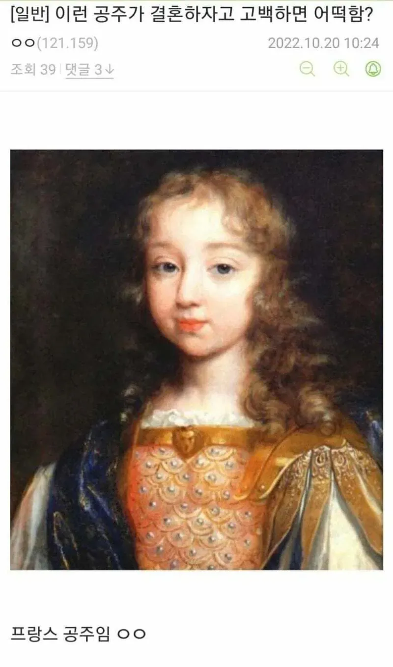 프랑스 공주 캐릭터 이미지, "이런 공주가 결혼하자고 고백하면 어떡함?" 텍스트 포함