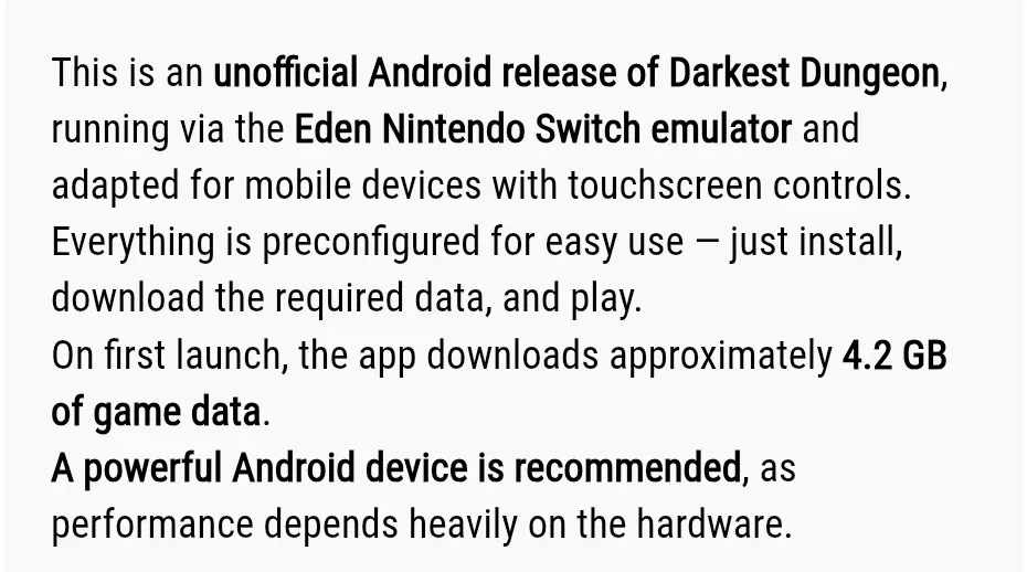 Darkest Dungeon 비공식 안드로이드 포팅 앱 설명 화면