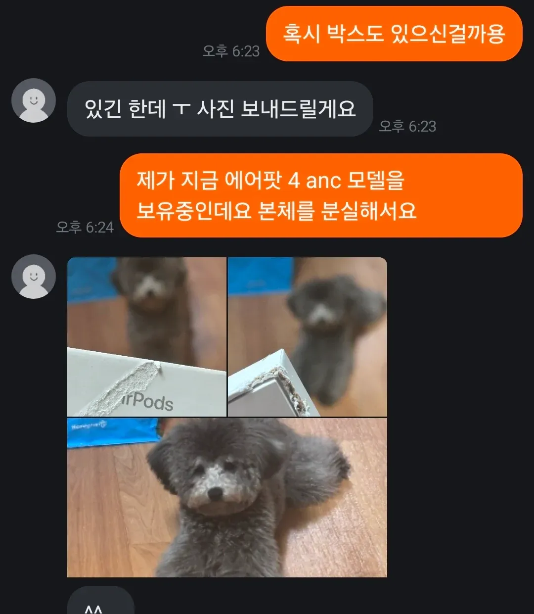 에어팟4 ANC 본체 분실 후 케이스만 판매하려는 당근마켓 채팅 대화