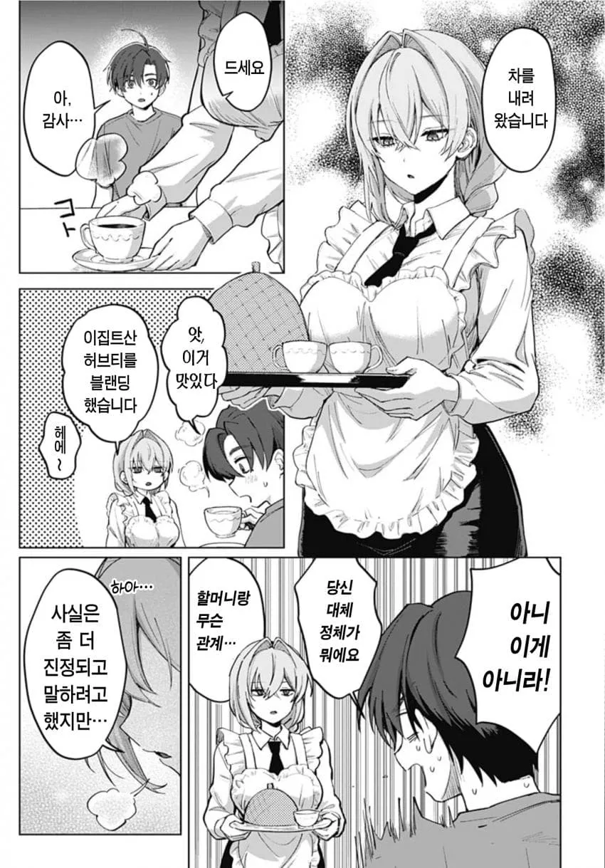 이집트산 허브티를 대접받으며 상대의 정체를 추궁하는 만화 장면