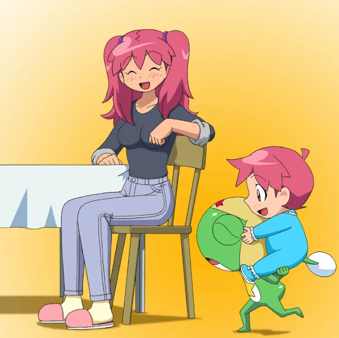 케로로 군조 캐릭터와 소녀가 함께 있는 만화 컷