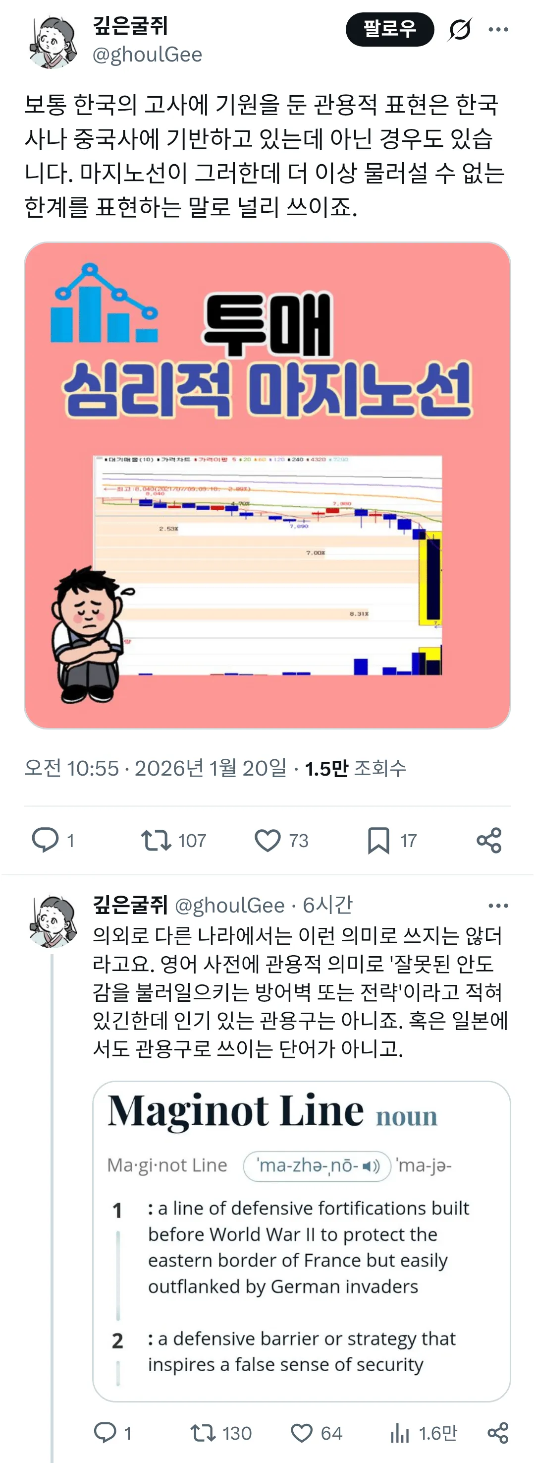 마지노선의 한국적 의미 변화를 설명하는 영어 사전 정의와 한글 텍스트
