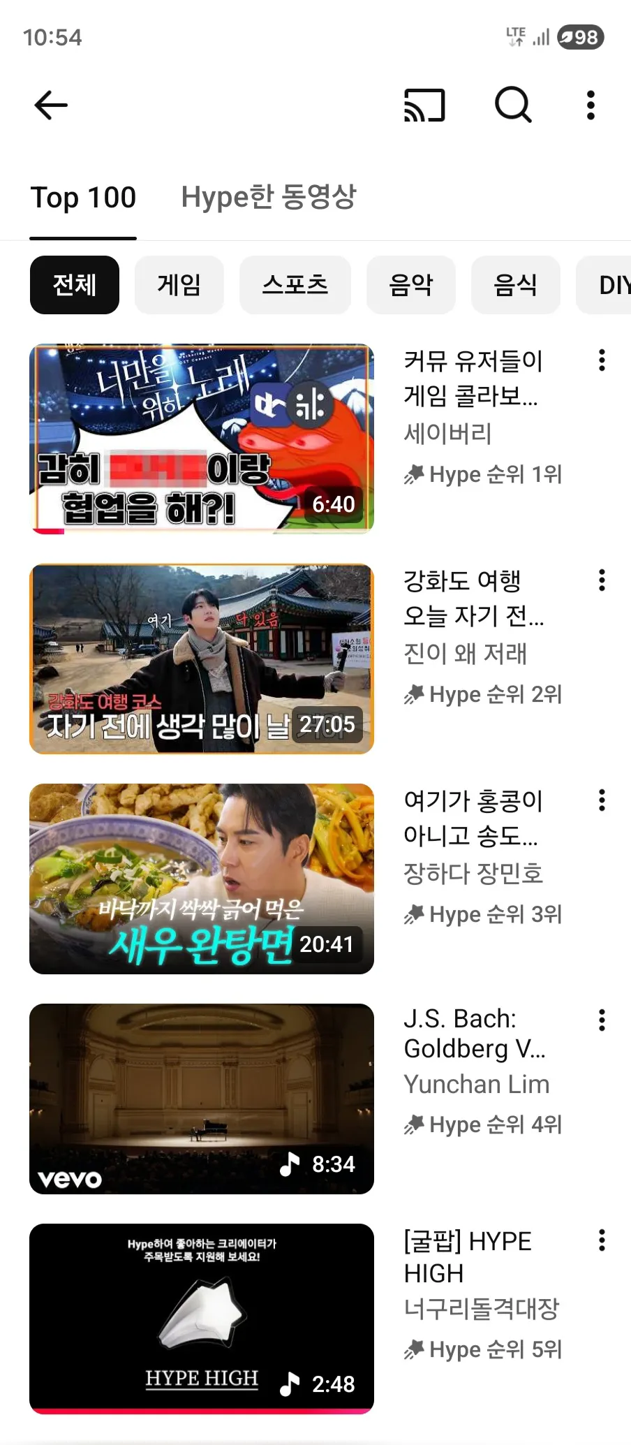 유튜브 Hype 탭의 Top 100 인기 동영상 순위 1위부터 5위까지 썸네일 목록