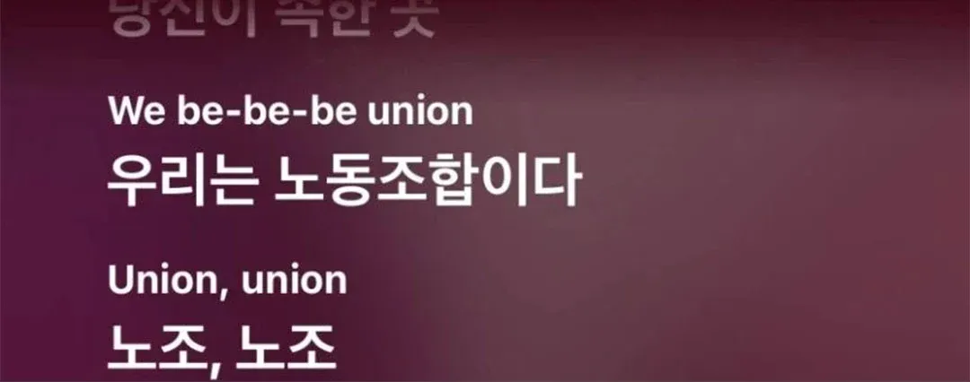 "We belong" 가사를 "We be-be-be union"으로 오역한 자동 번역 자막 캡처