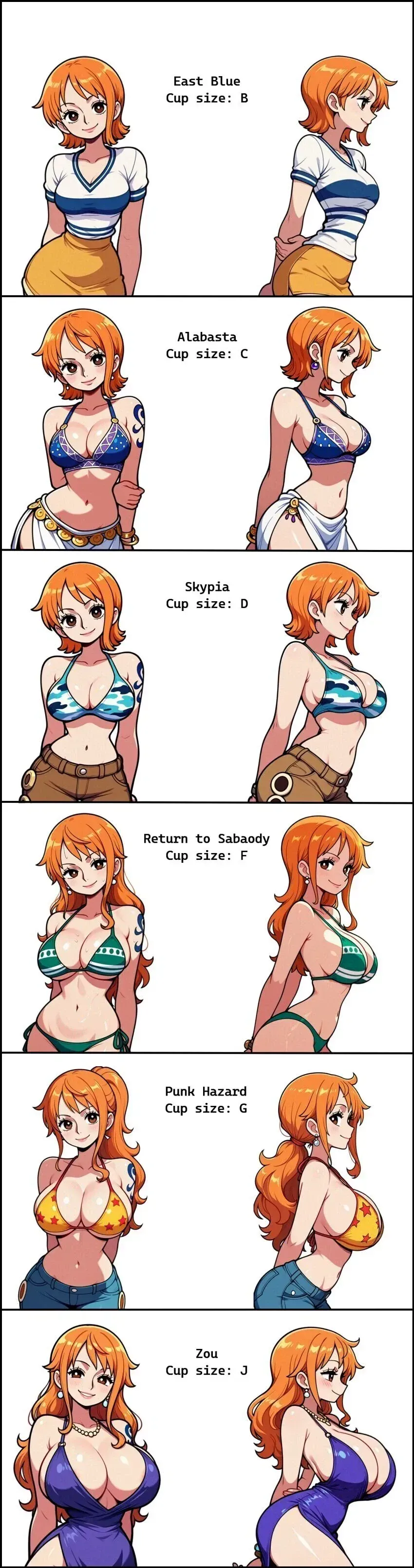 원피스 나미의 편별 컵 사이즈 변화를 정리한 비교 이미지
