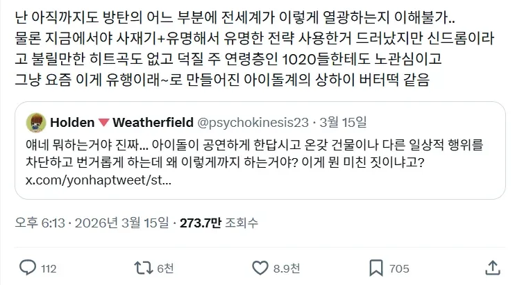 BTS 열풍에 의문을 제기하며 공연으로 인한 도심 통제를 비판하는 트윗과 인용 글