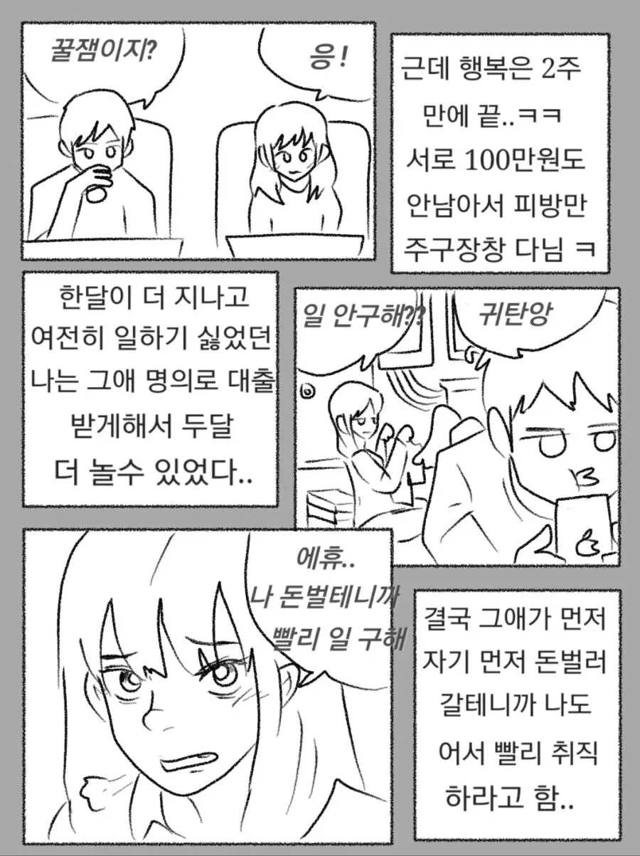 노래방 도우미와의 짧은 연애가 끝나고 경제적 어려움으로 취직을 결심하는 만화