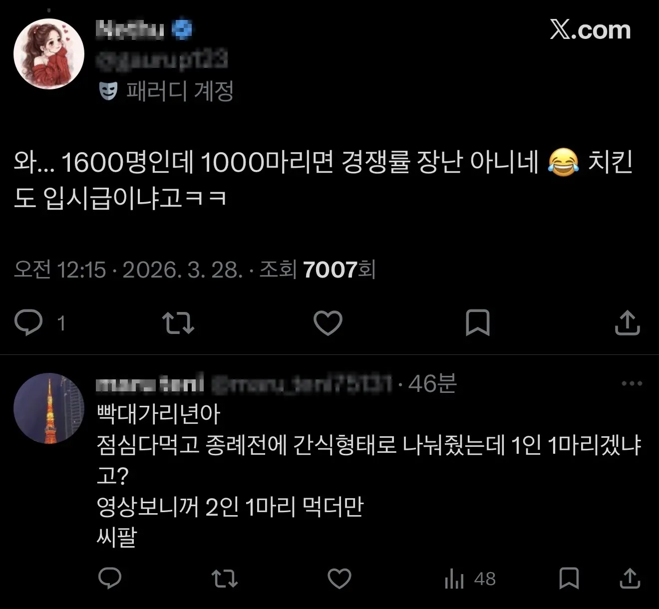 1600명에게 1000마리 치킨 기부로 인한 네티즌 불만 반응