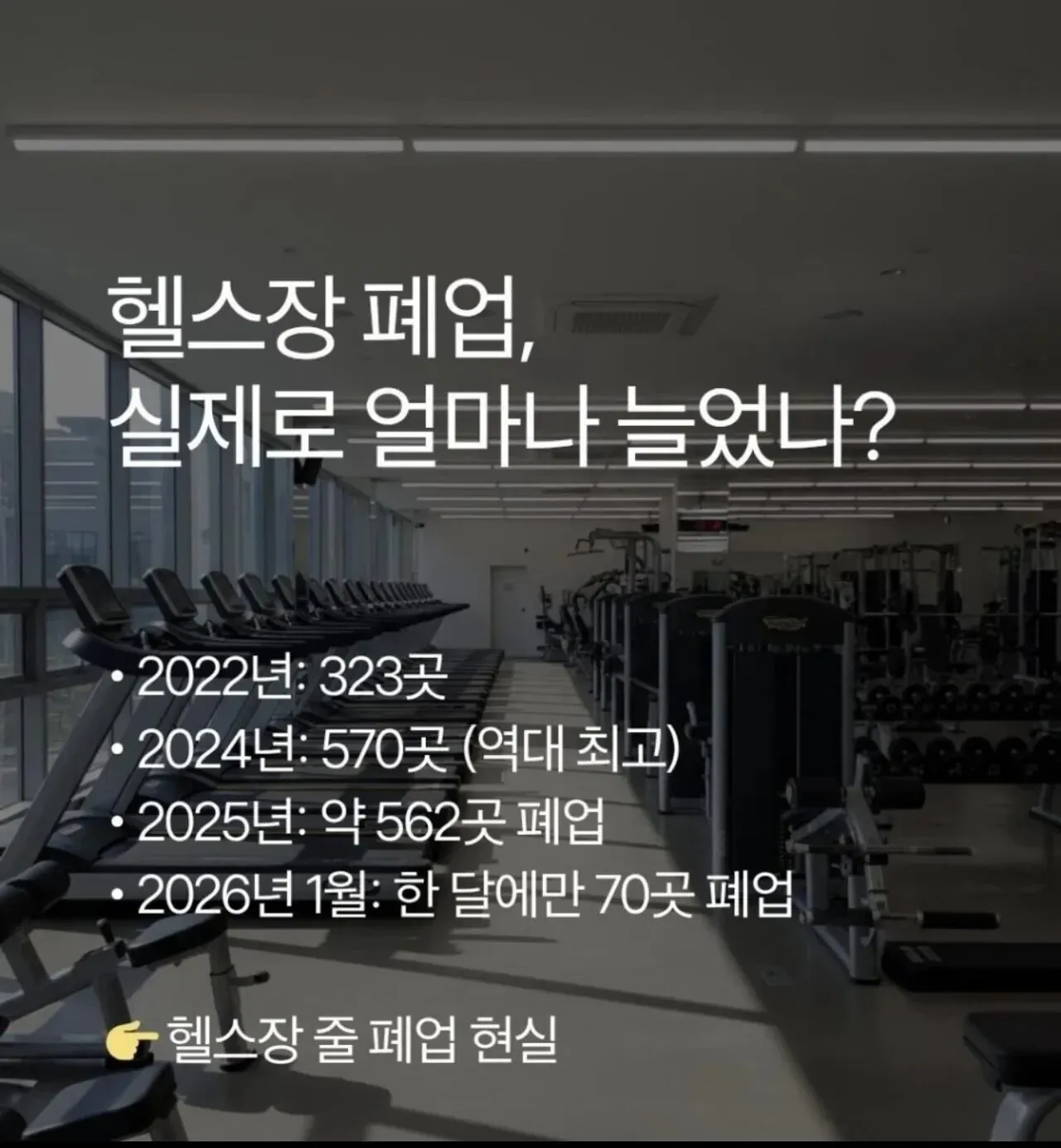 헬스장 폐업 통계. 2024년 570곳으로 최고 이후 감소, 2026년 1월 월간 70곳 폐업