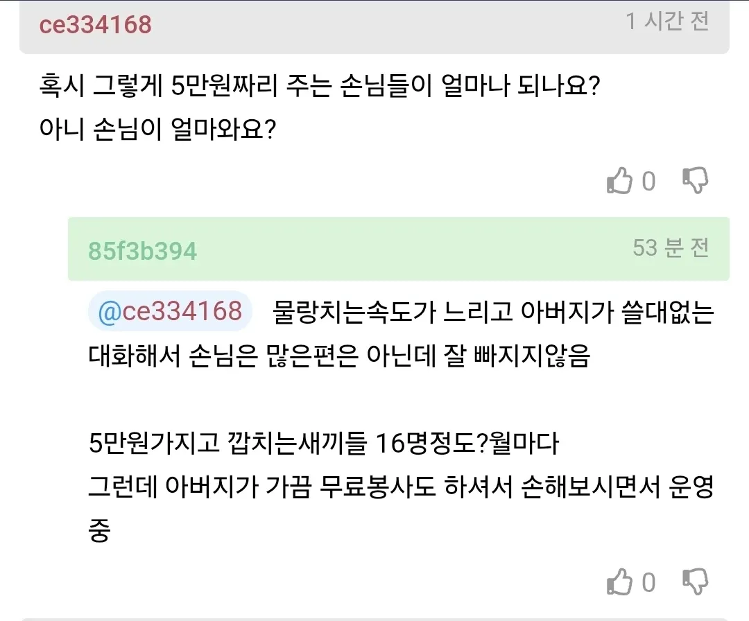 수익성 낮은 가족 사업과 무료 봉사로 손해 보는 아버지에 대한 아들의 불만 댓글