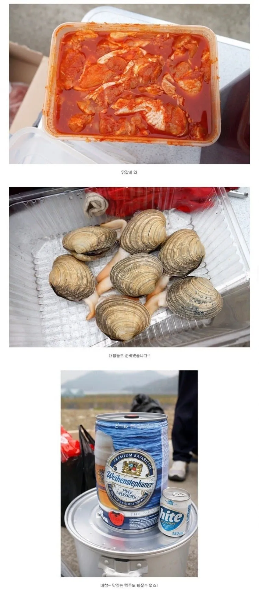 숯불 구이와 조개류, 맥주가 함께한 식탁