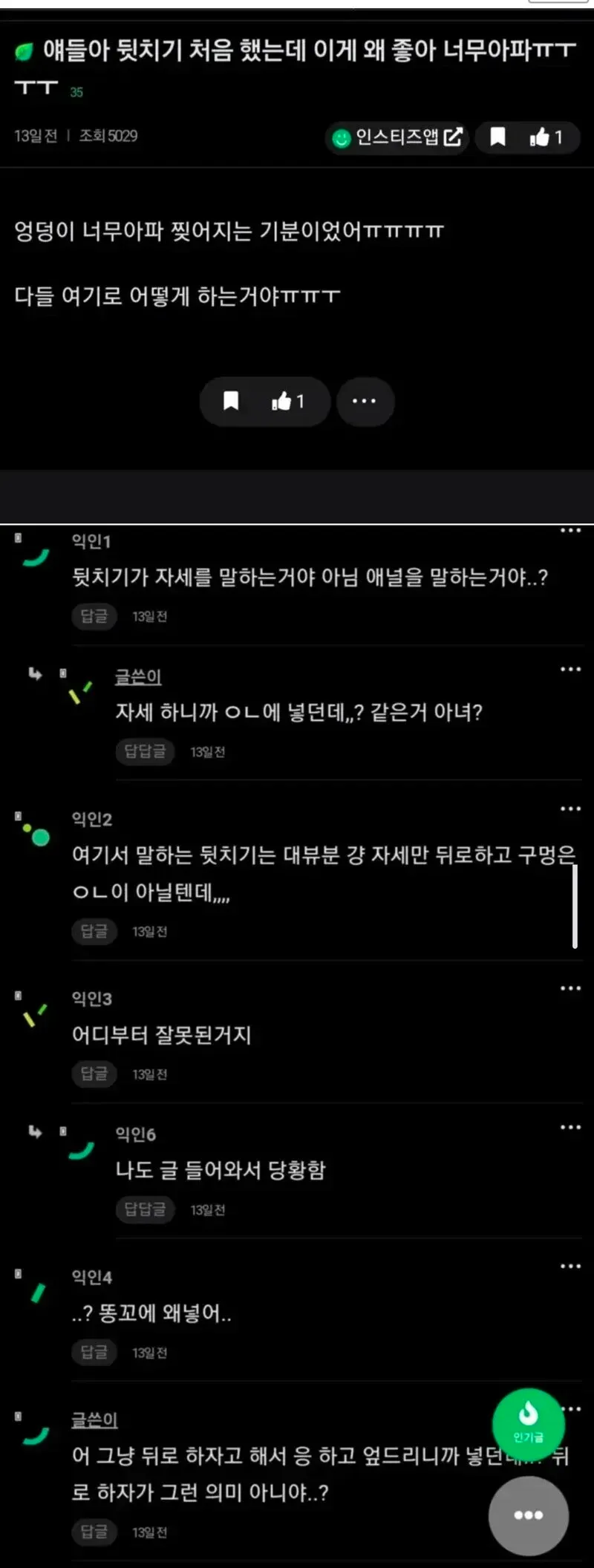 뒷치기 운동 통증과 자세에 대한 온라인 댓글 모음
