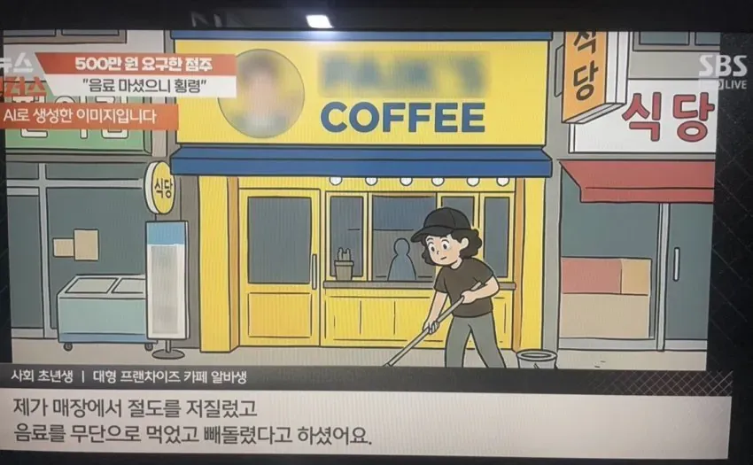 SBS 뉴스, 청주 카페 알바 절도·폭력 피해 사건 보도 화면