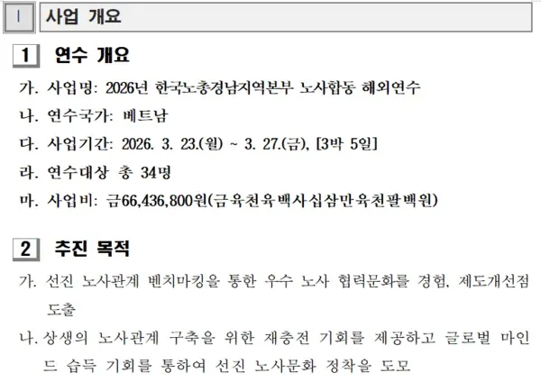 한국노총 베트남 해외연수 사업 개요 (2026.3.23~3.27, 34명)