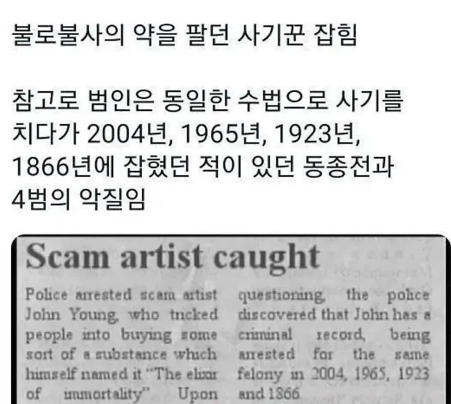 불로장생의 묘약으로 사기친 4범 사기꾼 체포 뉴스 기사