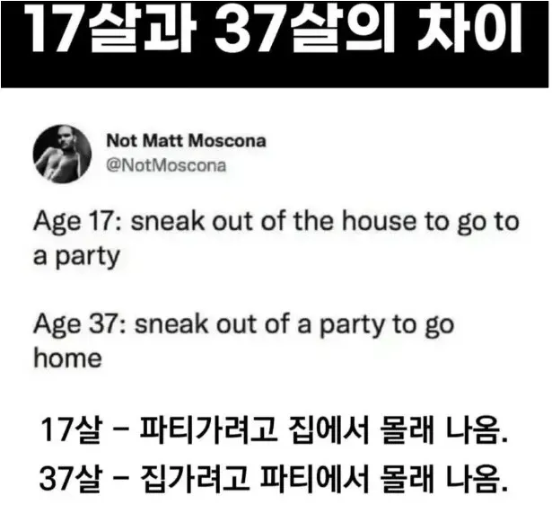 17살과 37살의 파티 태도 차이를 보여주는 유머 비교