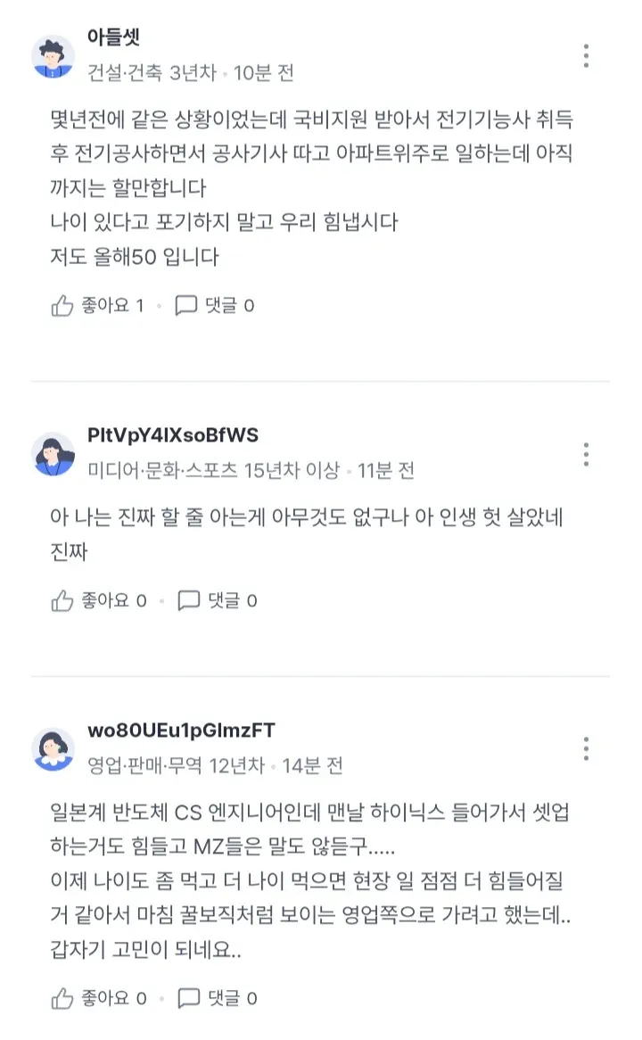 50대 권고사직 후 전직·재취업 경험담과 고민을 담은 온라인 댓글 스크린샷