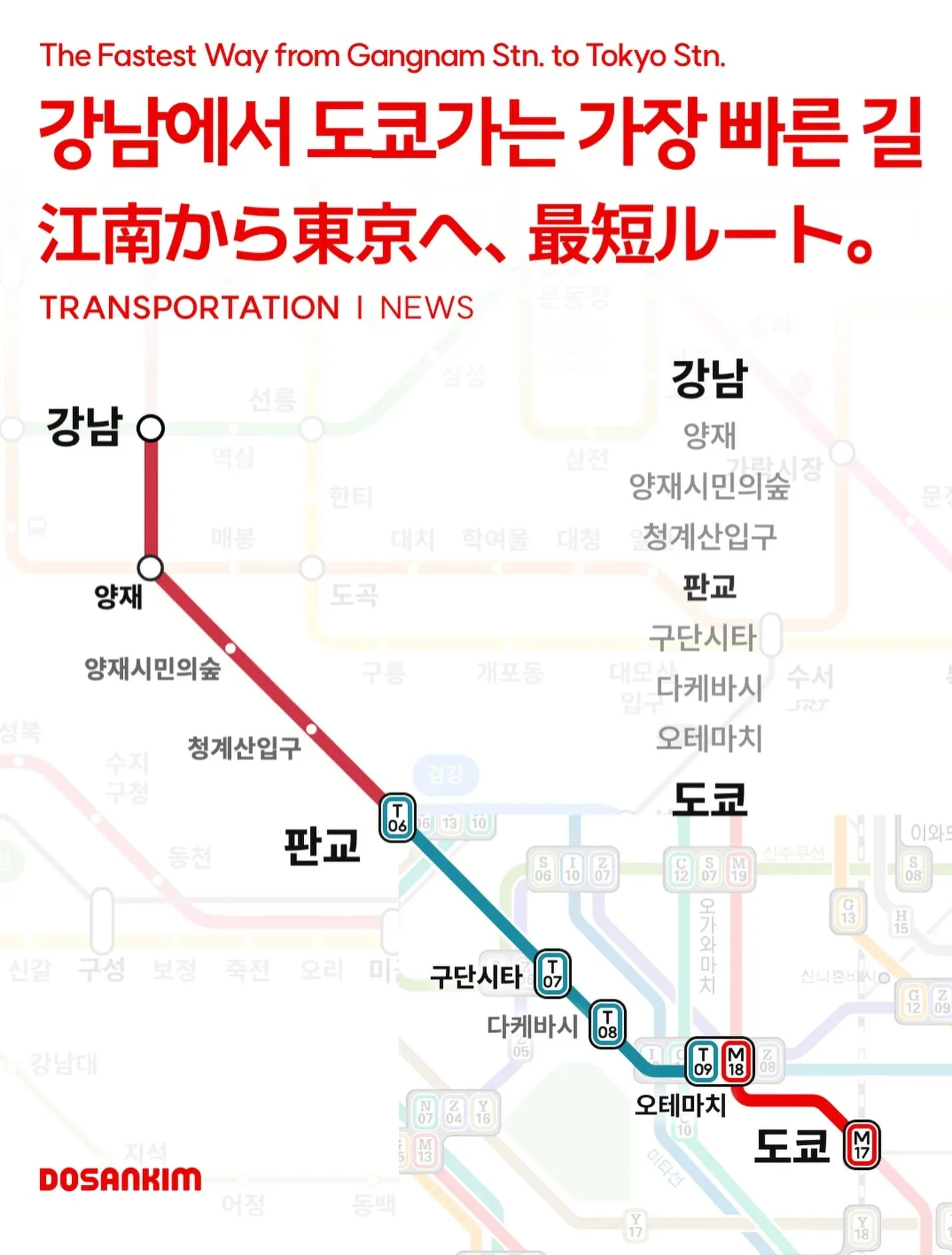 강남역에서 도쿄역까지 최단 경로를 표시한 다국어 교통 지도