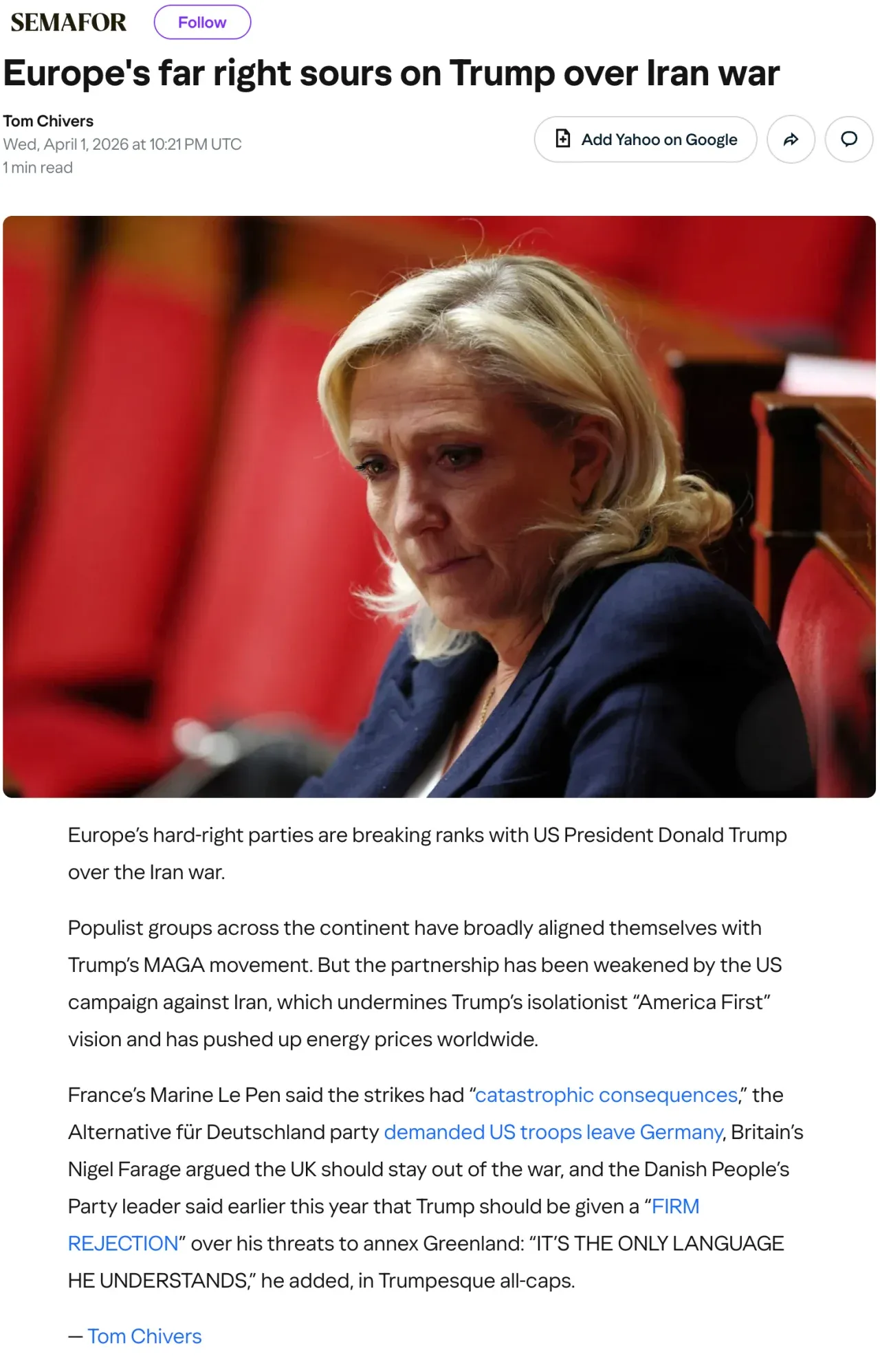 유럽 극우정당의 트럼프 이란 전쟁 정책 비판 뉴스 기사