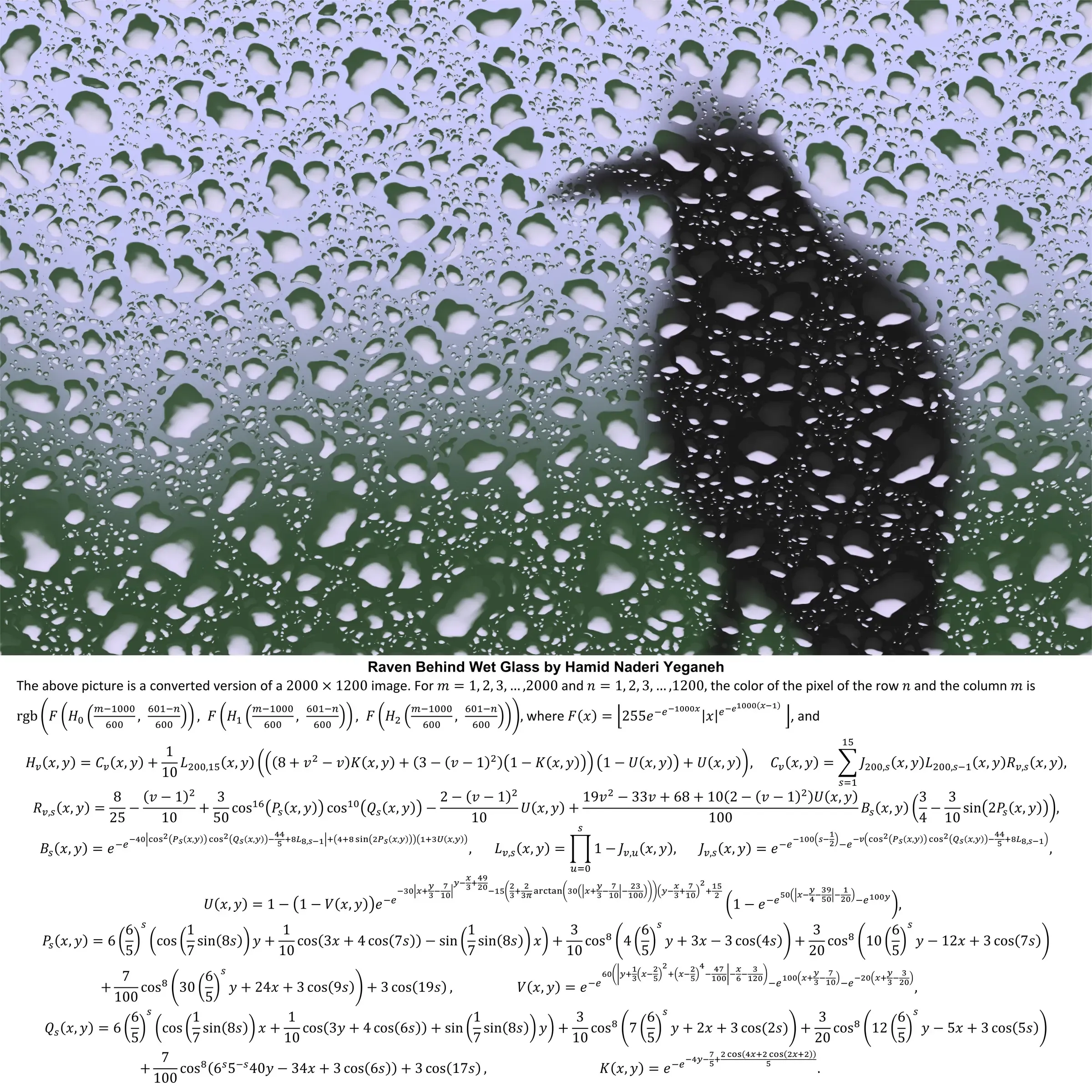 수학 알고리즘으로 생성된 젖은 유리 뒤 검은 까마귀의 추상 미술작품