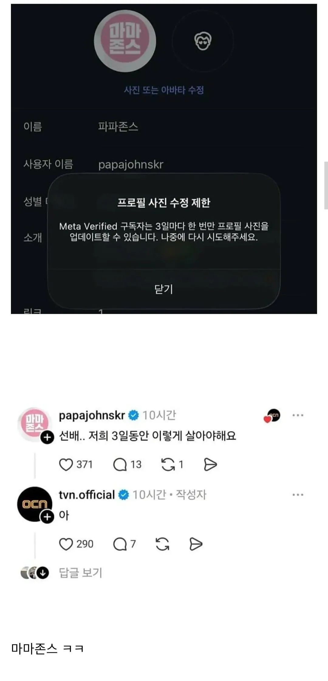 파파존스 계정 프로필 사진 수정 화면. Meta Verified 구독자 대상 3일마다 한 번 업데이트 제한 메시지