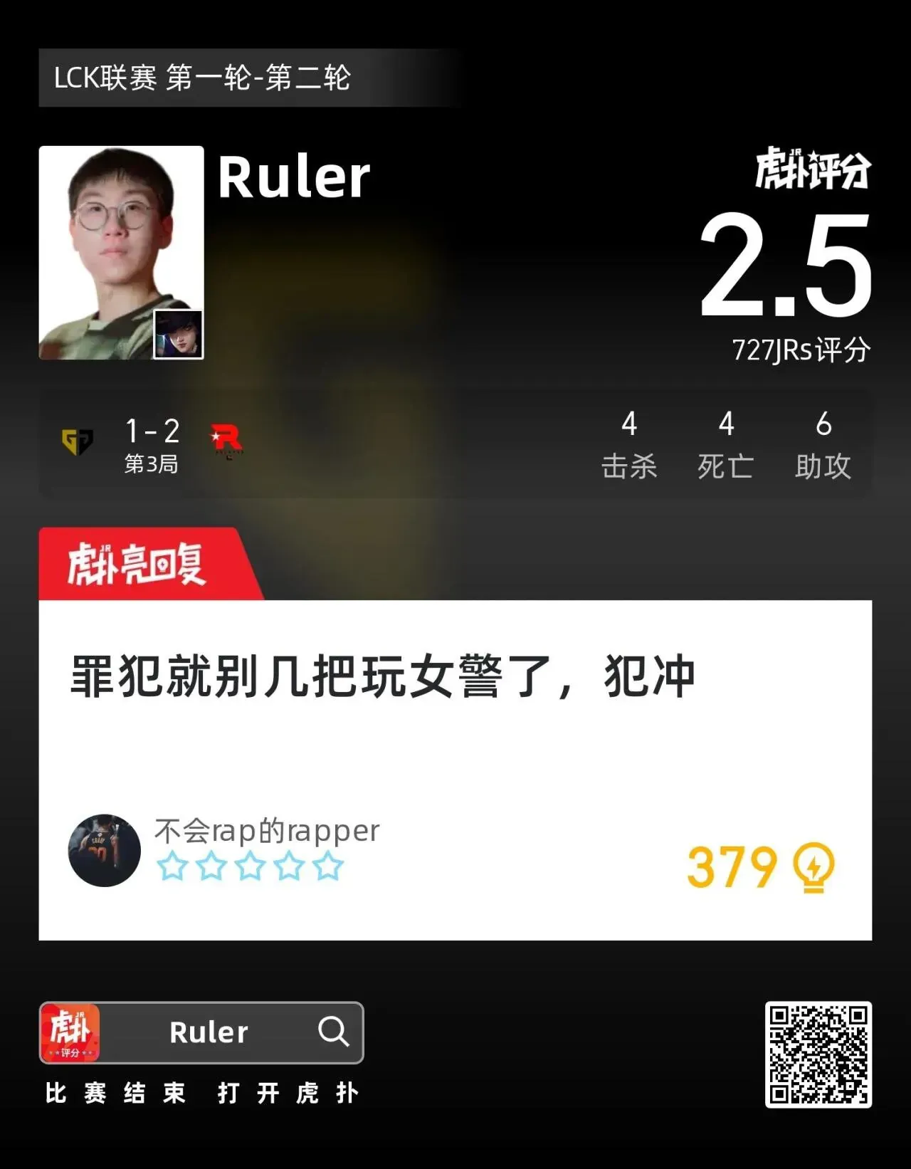 LCK 룰러 경기 평점 2.5, 4킬 4데스 6어시스트 평가 화면