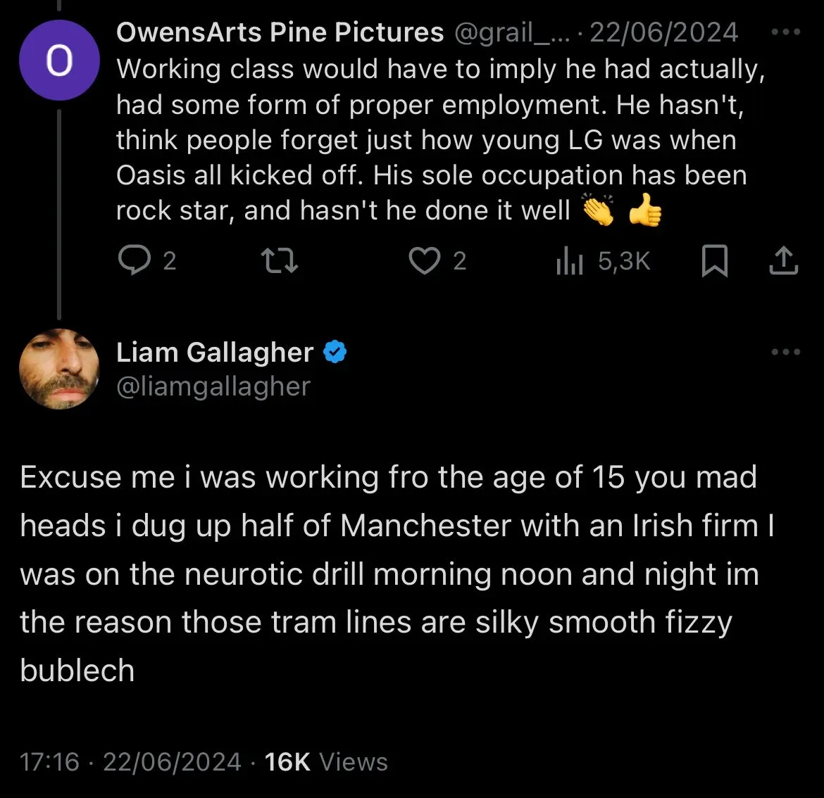 리암 갤러거와 팬의 온라인 악플 교환