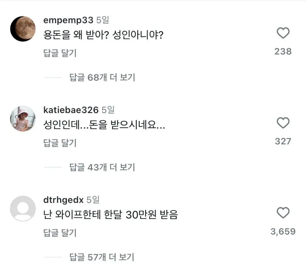 성인 자녀 용돈 수령에 관한 댓글 모음