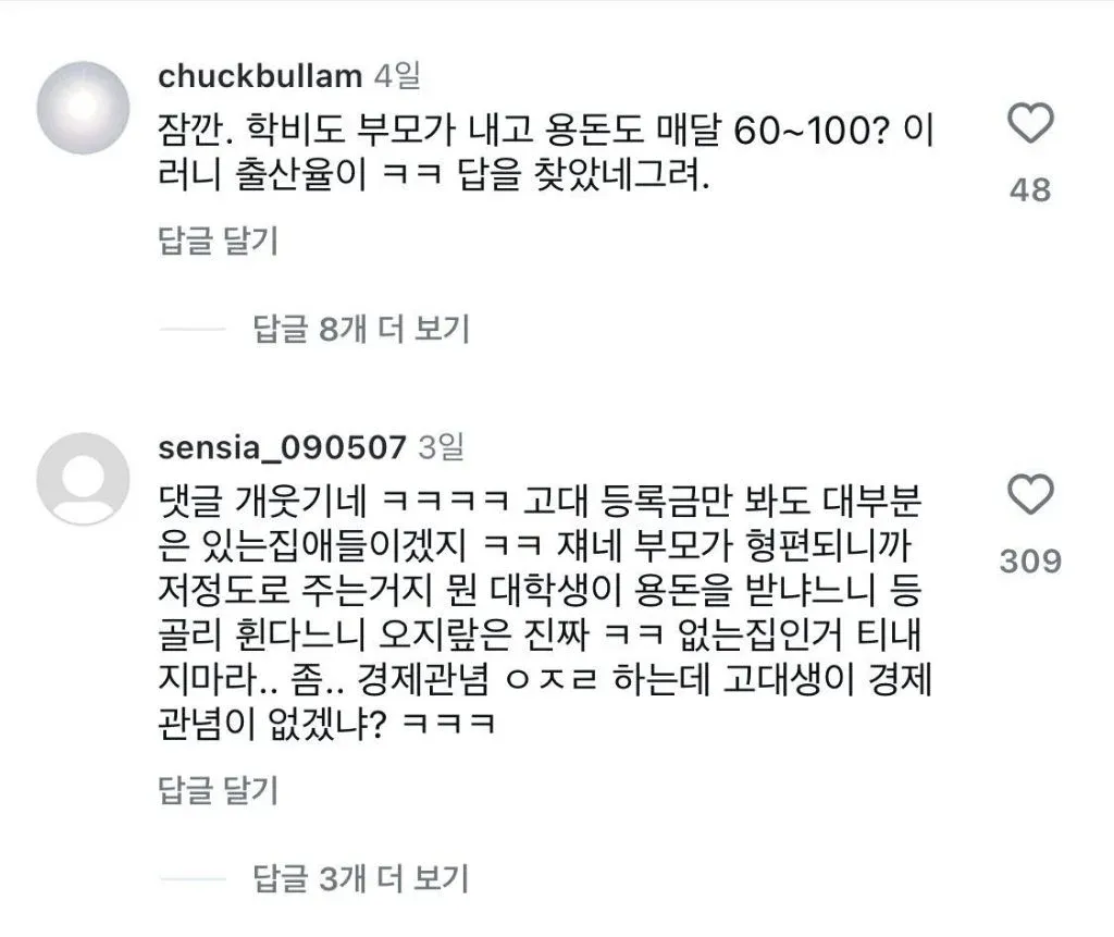 요즘 대학생 용돈 근황에 대한 댓글 토론