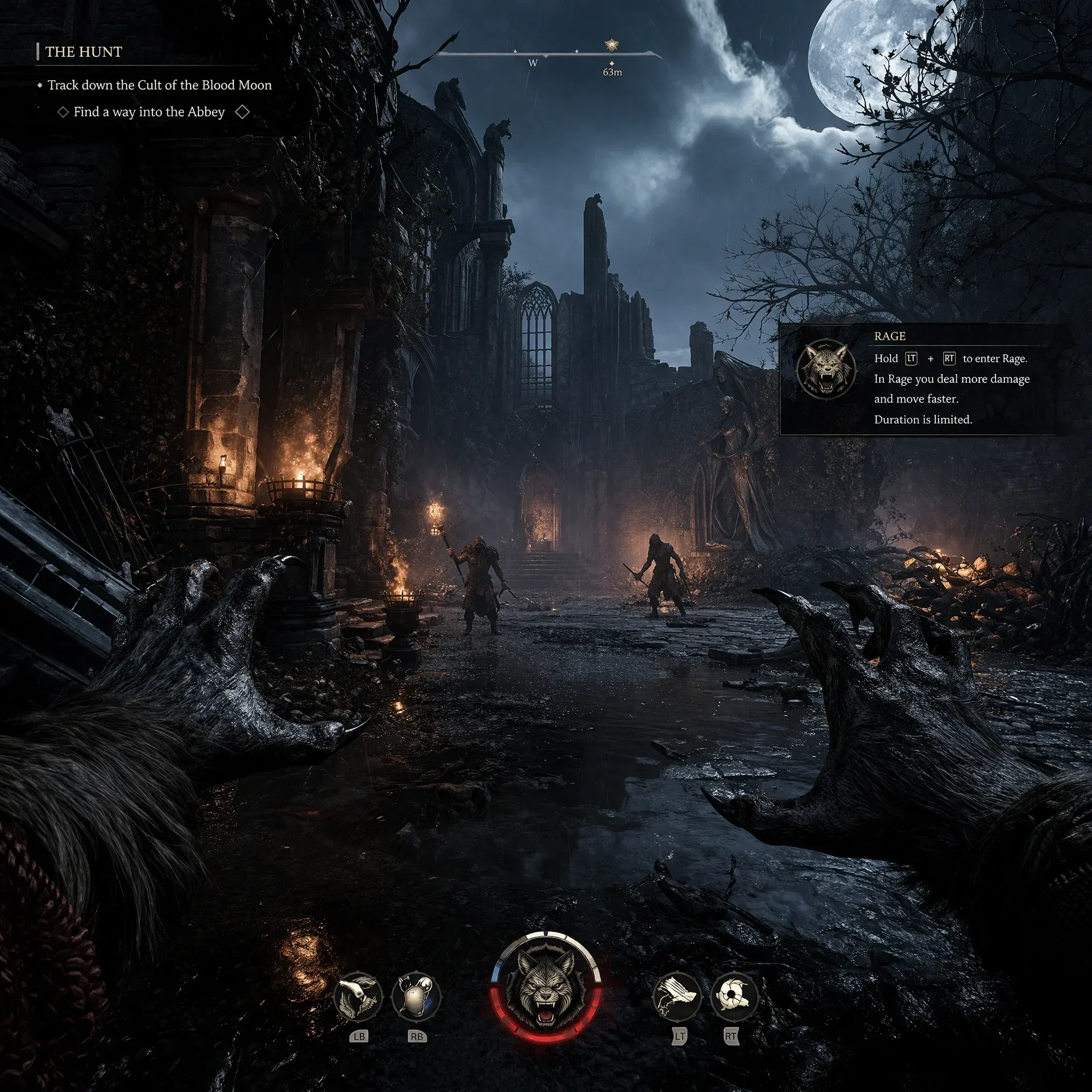 블러드문의 송아지 추적 퀘스트와 Rage 메커닉 설명 게임 UI