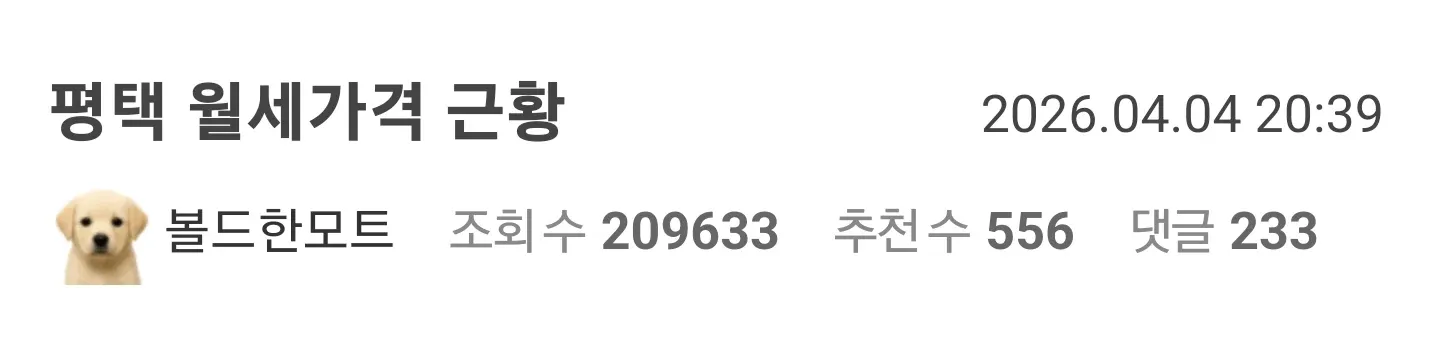 평택 월세가격이 서울 강남 수준으로 상승한 현황을 보여주는 커뮤니티 게시글