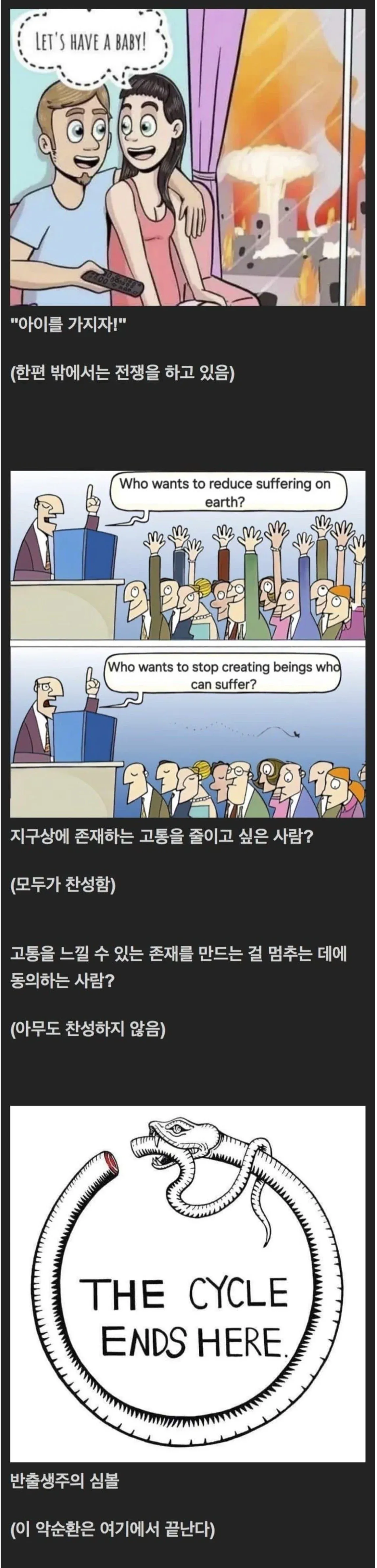 아이 출산을 거부하고 인생의 악순환을 비판하는 반출생주의 밈