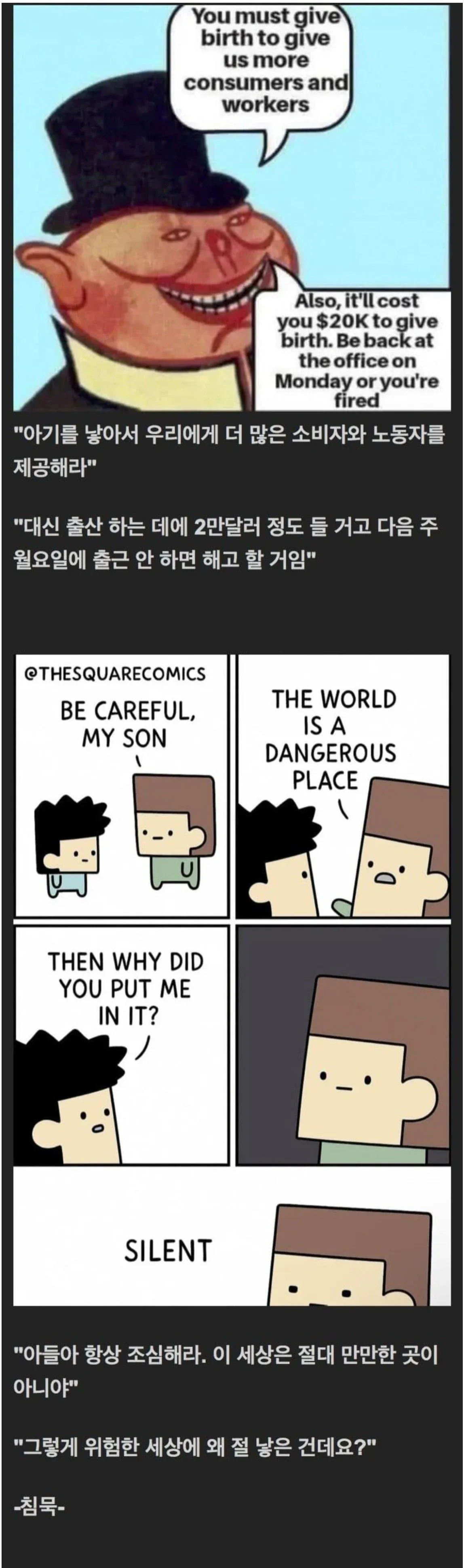 세상이 위험하다는 부모에게 아이가 '그럼 왜 날 낳았어?'라고 묻는 밈