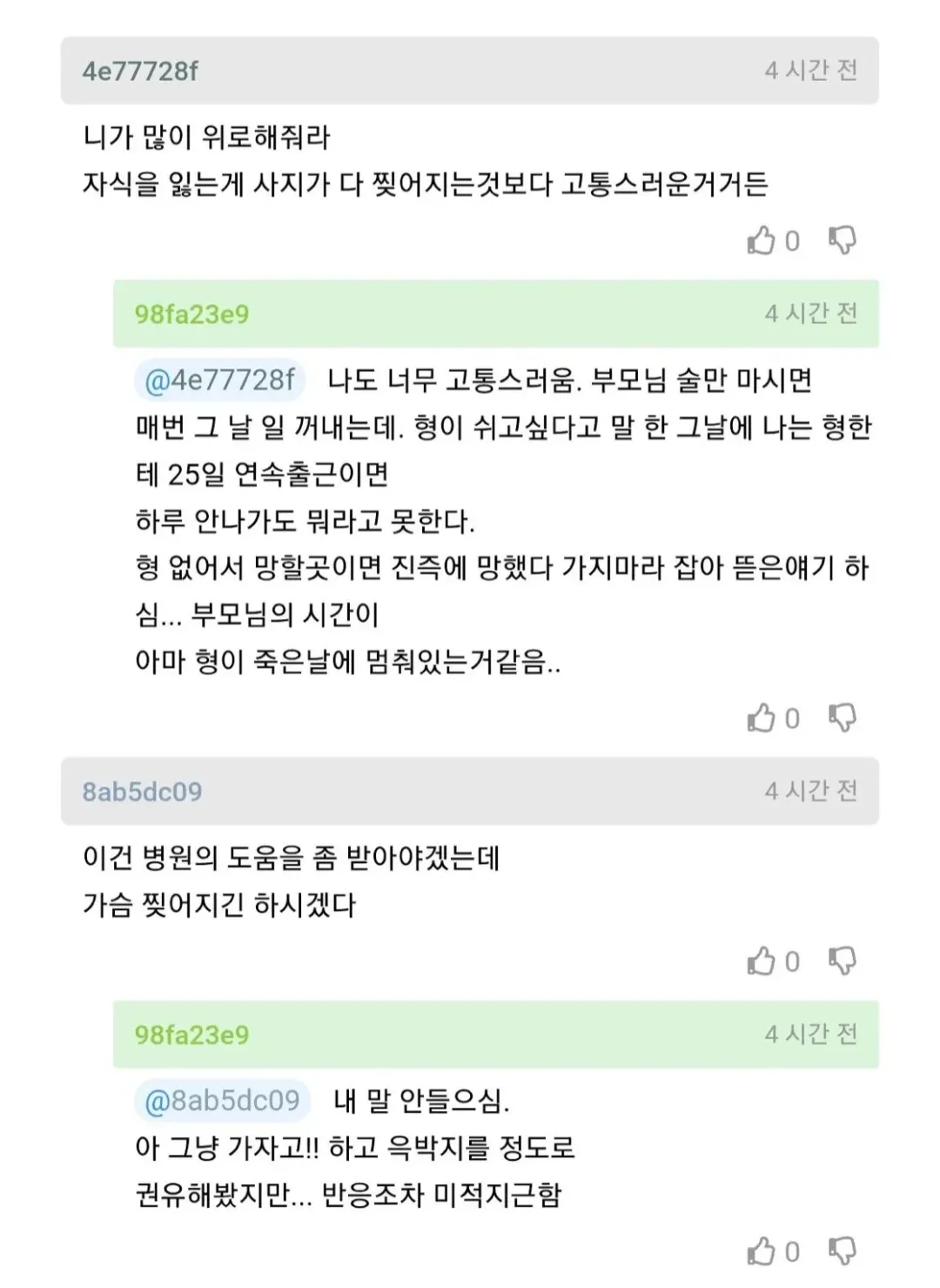 형의 과로사 후 남은 가족의 고통과 트라우마를 토로하는 익명 댓글 대화