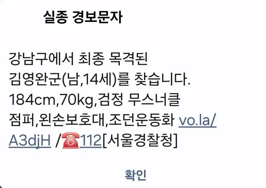 실종 경보: 강남구 최종 목격 김영완군(남,14세) 신상정보 및 인상착의 안내문