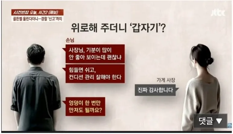 손님이 사장님을 위로하다 갑자기 성희롱 발언을 하는 미연시 게임 선택지 장면