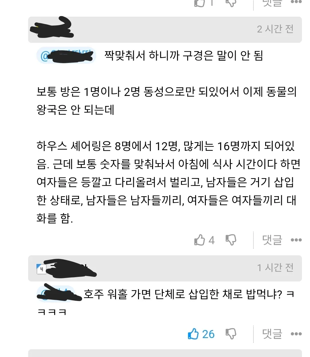 호주 워홀 쉐어하우스의 과장된 성적 묘사를 비꼬는 온라인 커뮤니티 글 캡처