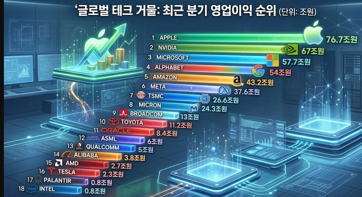 글로벌 테크 기업 최근 분기 영업이익 순위 1~18위, 삼성전자 비교용