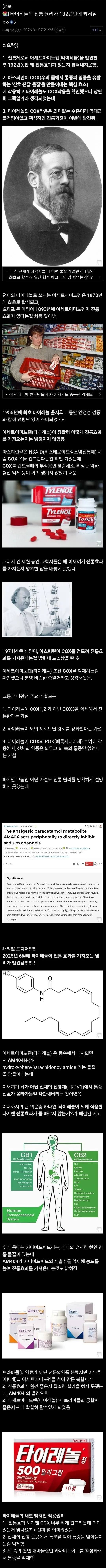 타이레놀(아세트아미노펜)의 진통 원리를 설명하는 과학 정보 카드