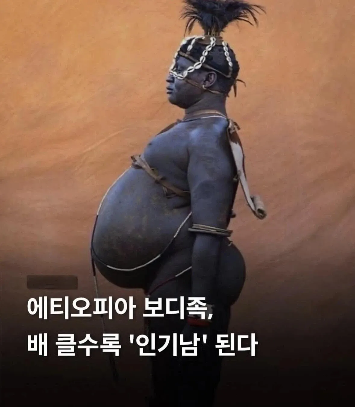 에티오피아 보디족 남성, 큰 배가 인기의 기준이라는 문화를 설명하는 이미지