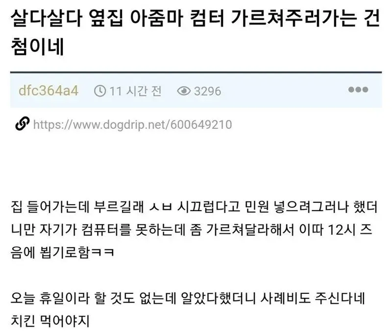 옆집 아줌마 컴퓨터 가르쳐주기로 한 사연을 적은 온라인 게시글 캡처
