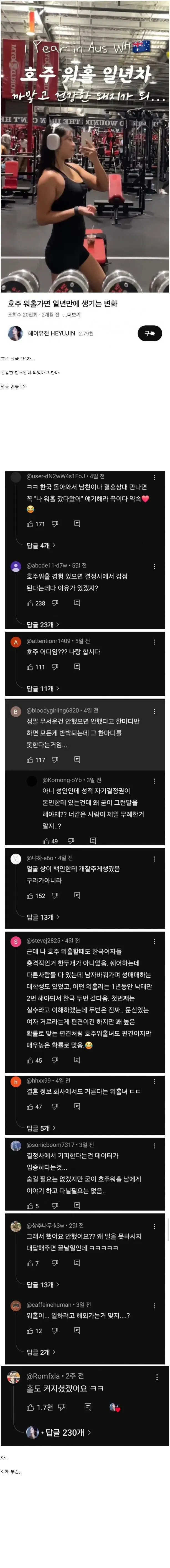 호주 워킹홀리데이 1년 변화 유튜브 영상의 댓글 반응 캡처 화면