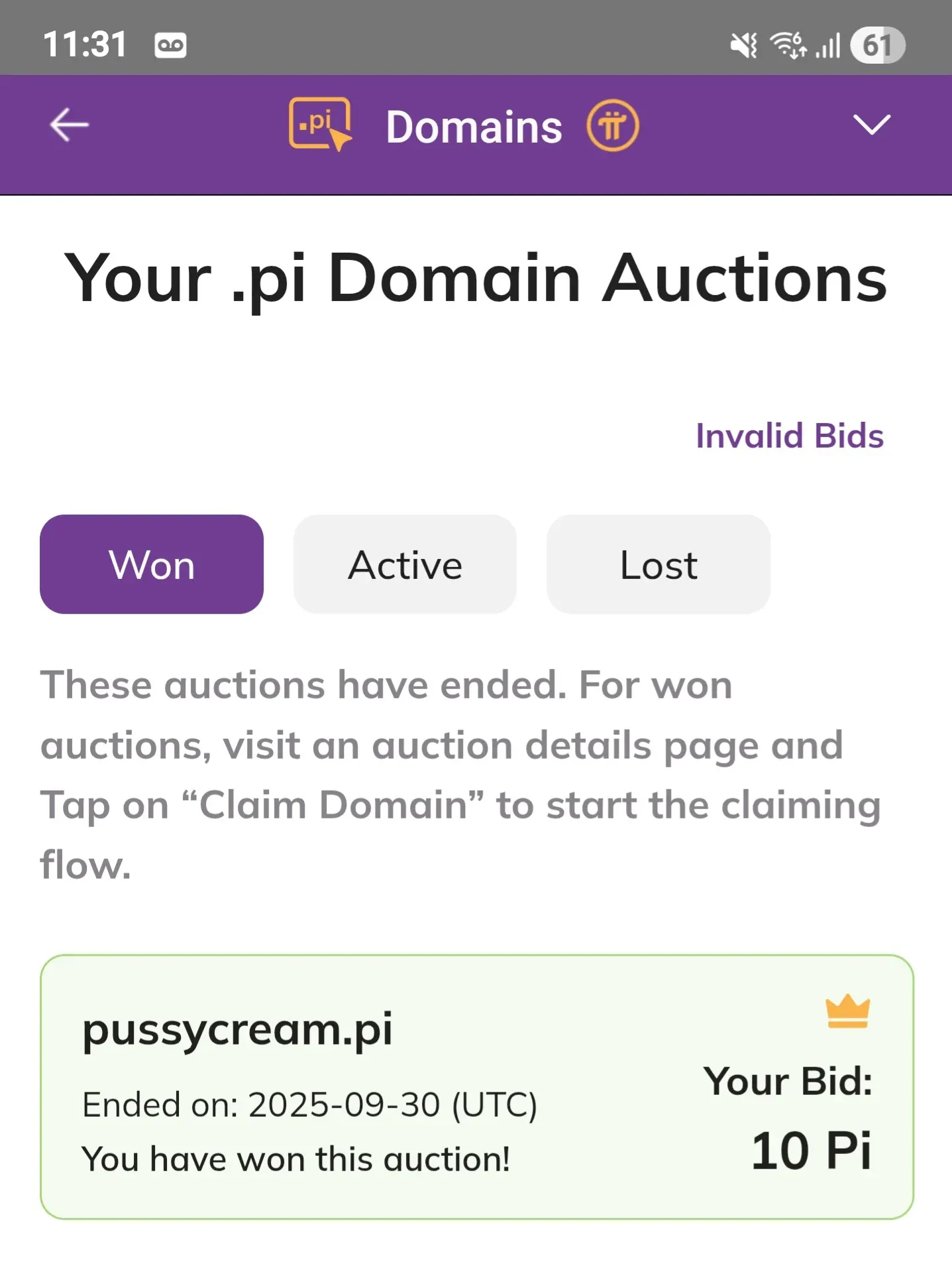 pussycream.pi 도메인 경매 낙찰 완료 화면, 10 Pi 입찰