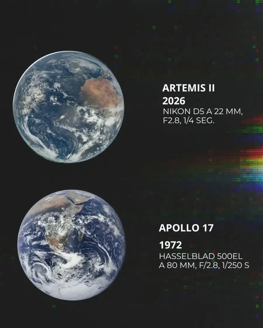 1972년 아폴로 17호와 2026년 아르테미스 2호에서 촬영한 지구 사진 비교