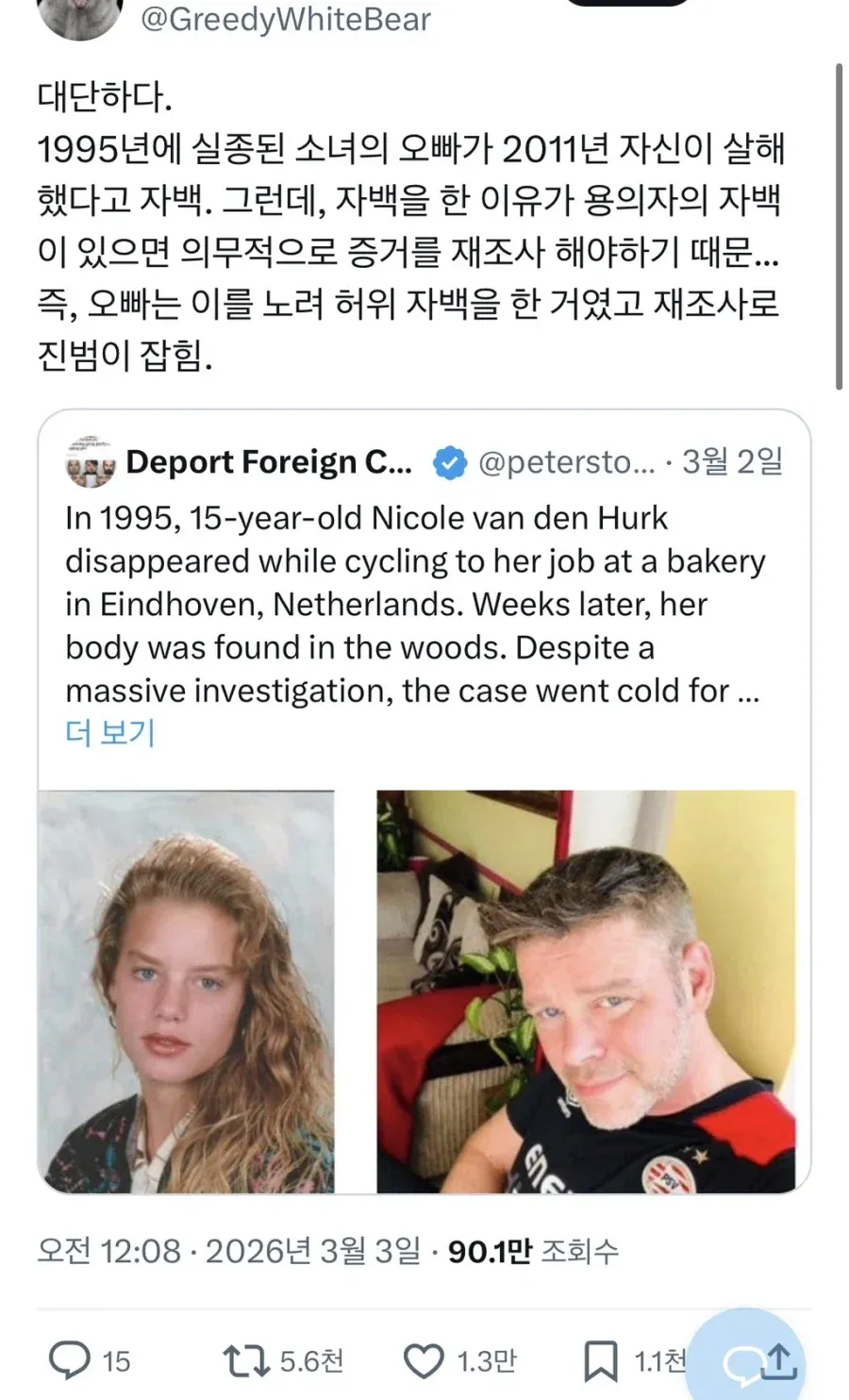 1995년 실종 사건에서 오빠가 재조사를 위해 허위 자백하여 진범을 잡은 사연을 설명하는 게시글