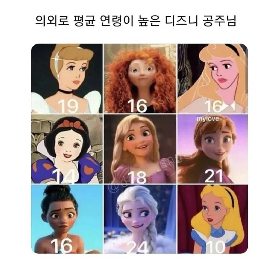 디즈니 공주들의 나이를 숫자로 보여주는 캐릭터별 연령 정리 이미지