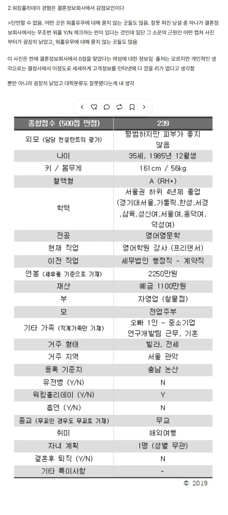 워킹홀리데이 결정사 심사 기준표와 종합점수 산출 항목 예시