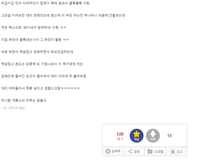 회식 중 잡채 먹다 체한 부장과 대리의 멱살잡이 몸싸움 에피소드 글